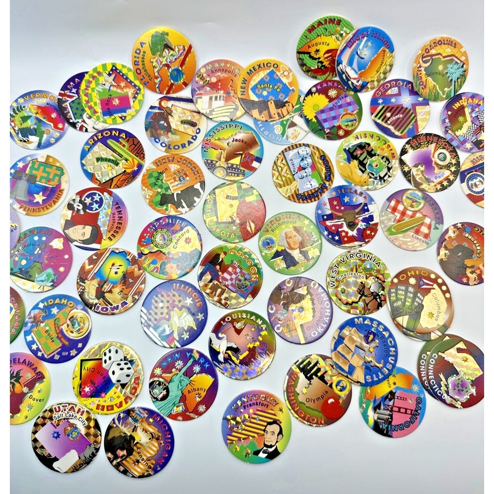 Vintage 1990s USA Holographic Pogs Set Lot of 50 States Governors Silver Foil